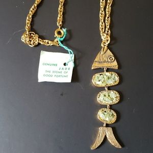 Gold tone and Jade fish necklace